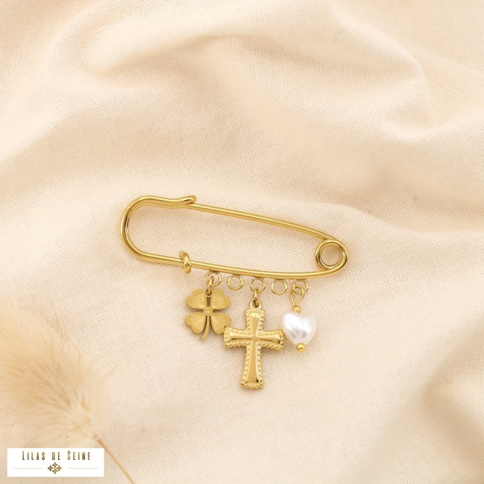 Broche épingle acier acrylique croix trèfle coeur 0525039 doré