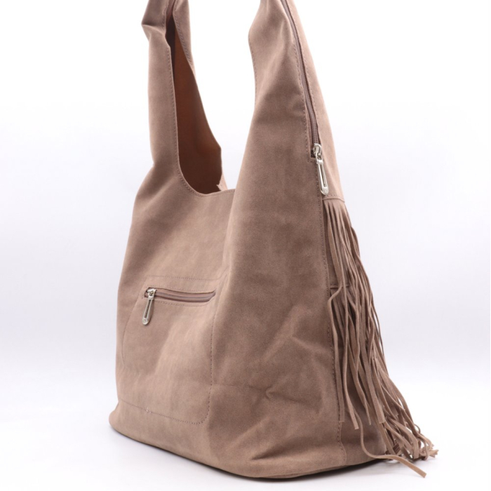 Sac porté épaule Flora&Co en simili-cuir façon daim franges décoratives 0925502 taupe