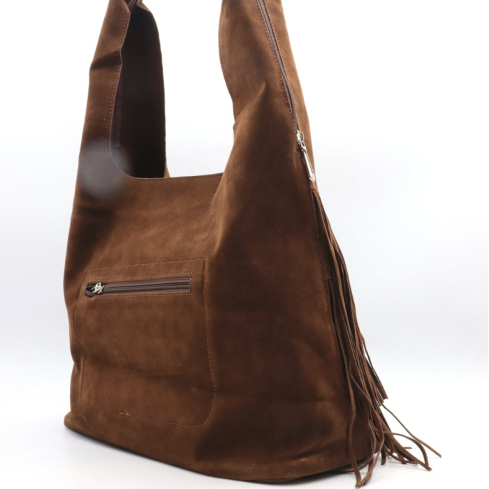 Sac porté épaule Flora&Co en simili-cuir façon daim franges décoratives 0925502 marron foncé