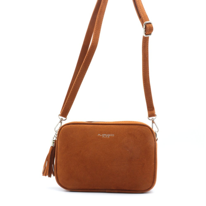 Sac à bandoulière Flora&Co simili-cuir façon daim pompon 0925505 cognac