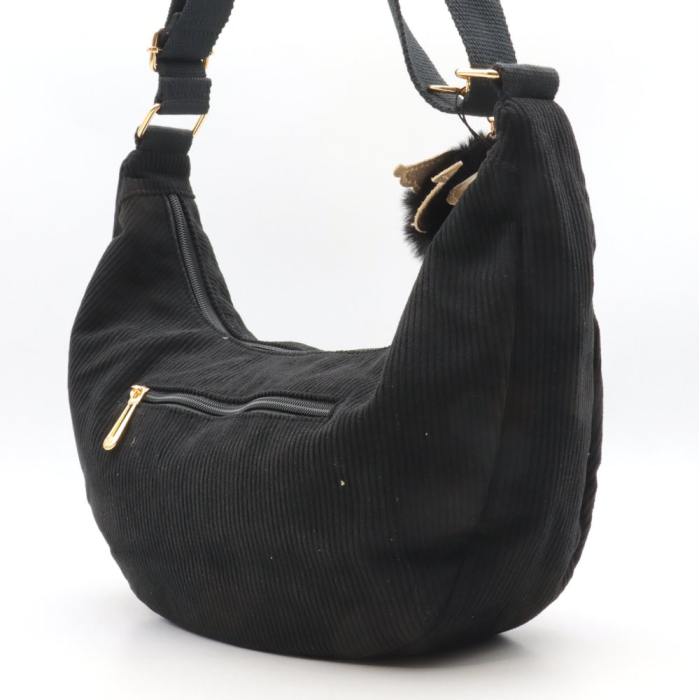 Sac porté épaule banane Flora&Co simili-cuir façon velours côtelé pompon 0925507 noir