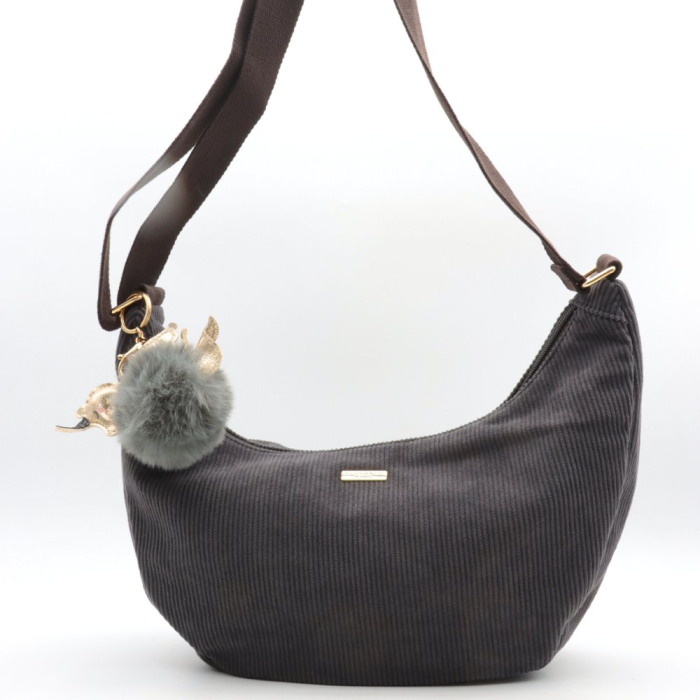 Sac porté épaule banane Flora&Co simili-cuir façon velours côtelé pompon 0925507 gris foncé