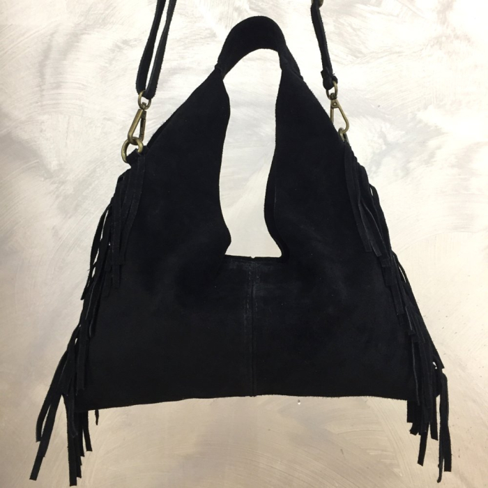 Sac porté épaule cuir véritable façon daim franges 0925509 noir