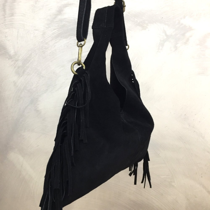 Sac porté épaule cuir véritable façon daim franges 0925509 noir