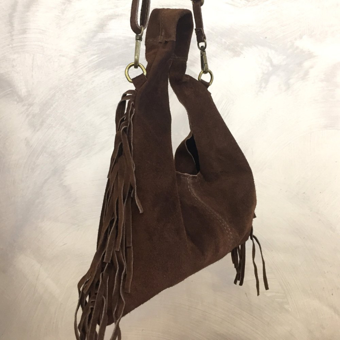 Sac porté épaule cuir véritable façon daim franges 0925509 marron foncé