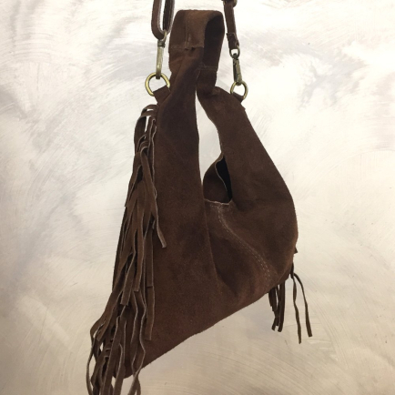 Sac porté épaule cuir véritable façon daim franges 0925509 marron foncé