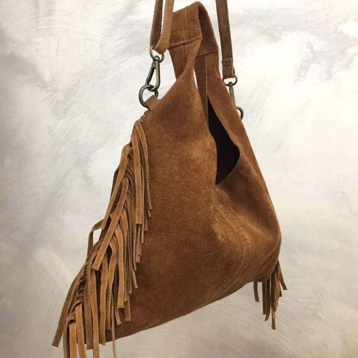 Sac porté épaule cuir véritable façon daim franges 0925509 cognac