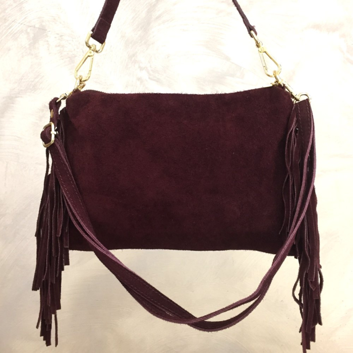 Sac porté épaule cuir véritable façon daim franges 0925510 rouge bordeaux