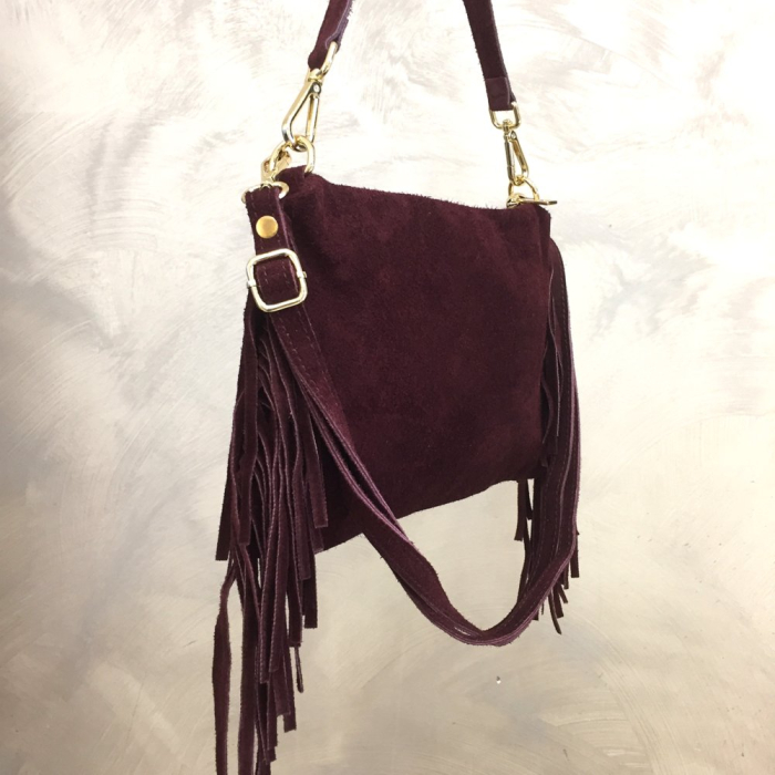 Sac porté épaule cuir véritable façon daim franges 0925510 rouge bordeaux