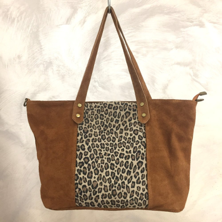Cabas en cuir véritable façon daim avec façade léopard 0925511 cognac