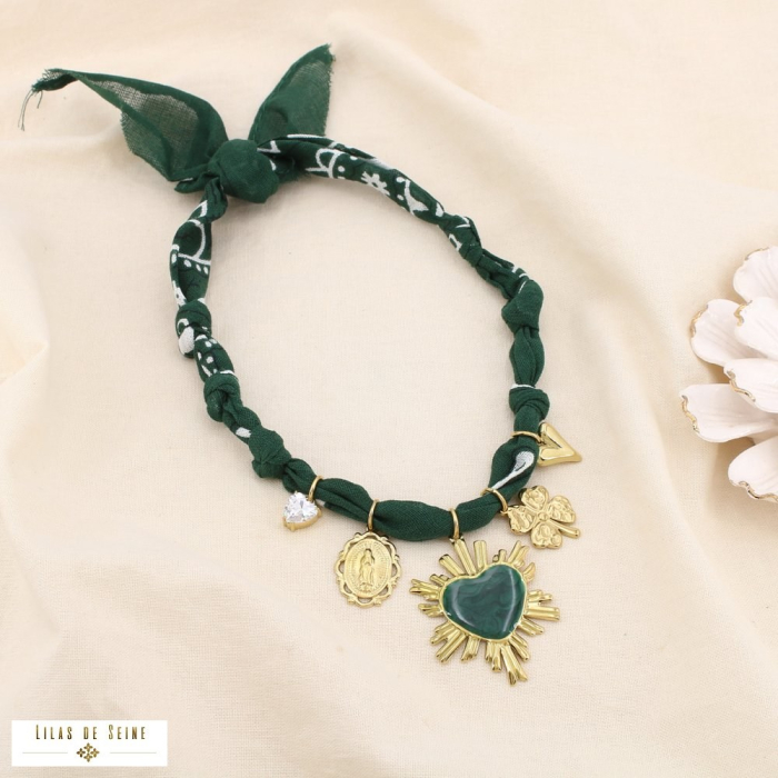 Collier choker acier coton cœur trèfle médaille 0125507 vert
