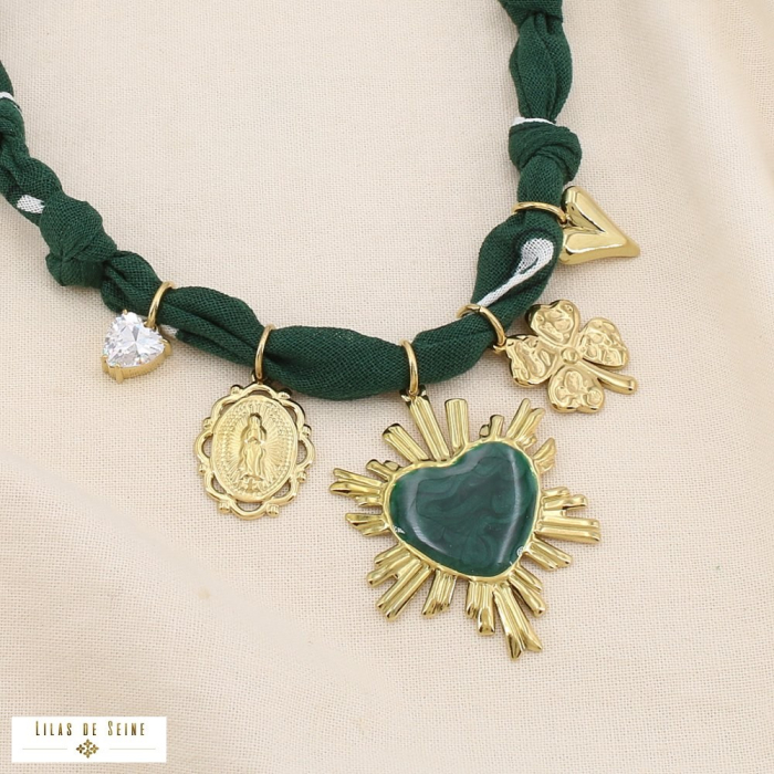 Collier choker acier coton cœur trèfle médaille 0125507 vert