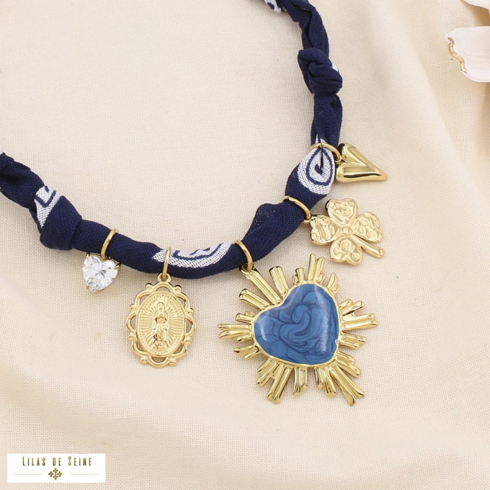 Collier choker acier coton cœur trèfle médaille 0125507 bleu foncé