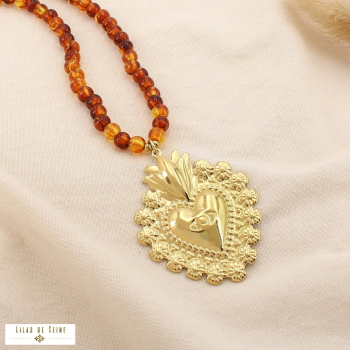 Collier long cœur œil acier acrylique effet pierre 0125529 marron