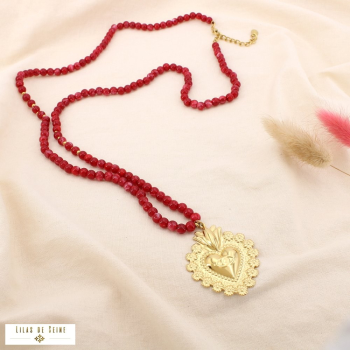 Collier long cœur œil acier acrylique effet pierre 0125529 rouge bordeaux