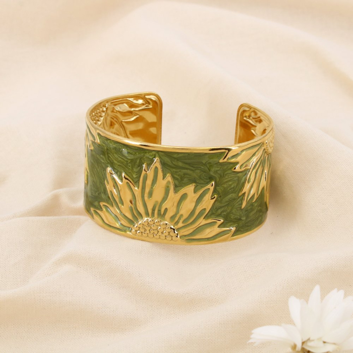 Bracelet manchette floral acier inoxydable émail 0225527 vert kaki