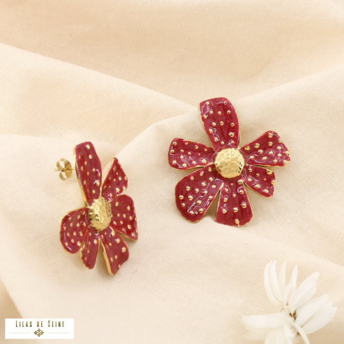 Boucles d’oreilles fleur acier inoxydable émail 0325509 rouge bordeaux
