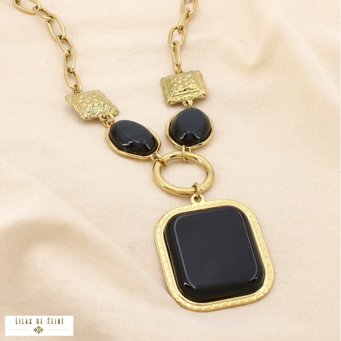 Collier acier inoxydable grosse maille résine marbré 0125527 noir