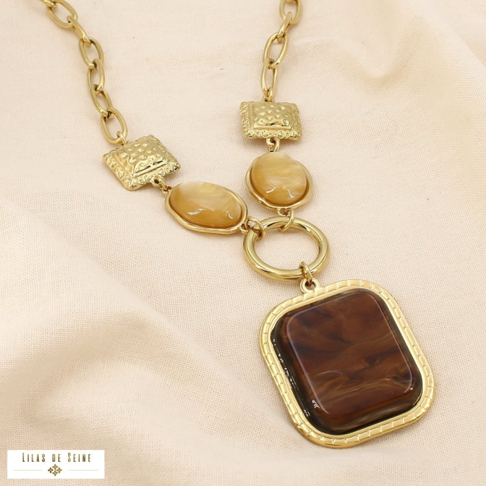 Collier acier inoxydable grosse maille résine marbré 0125527 marron