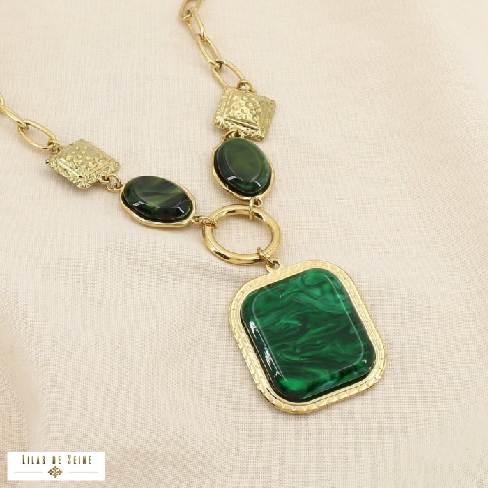 Collier acier inoxydable grosse maille résine marbré 0125527 vert