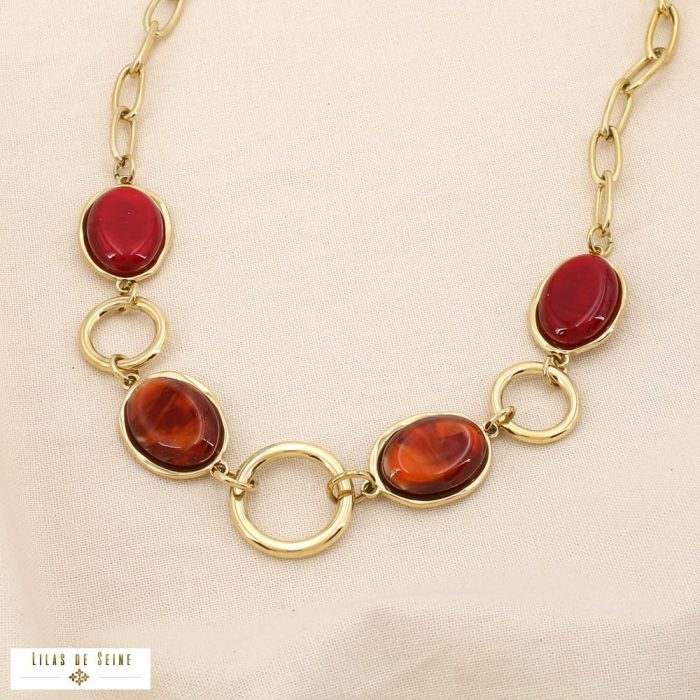 Collier acier inoxydable ovale résine marbré 0125526 rouge bordeaux