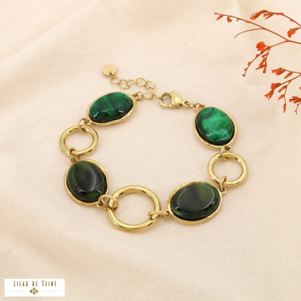 Bracelet acier inoxydable ovale résine marbré 0225512 vert