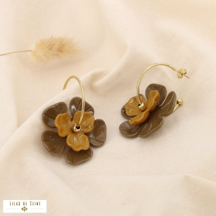 Boucles d’oreilles créole fleur acier acrylique 0325525 jaune