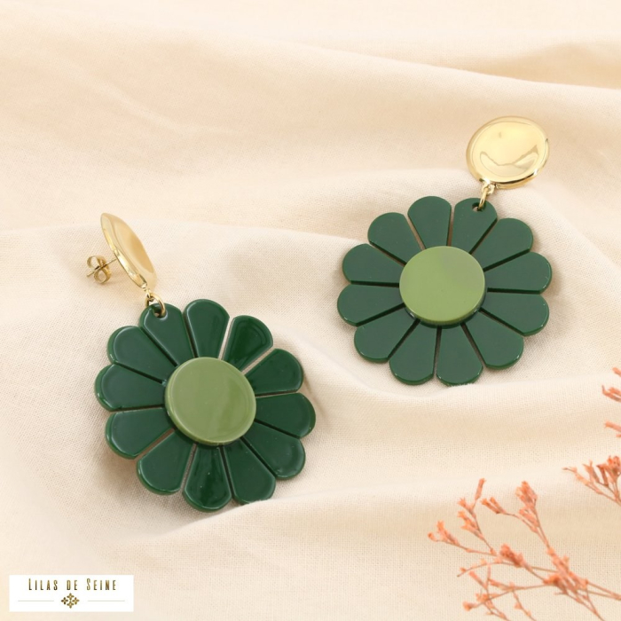 Boucles d’oreilles méga marguerite acier acrylique 0325526 vert foncé