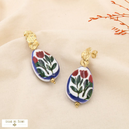 Boucles d’oreilles acier résine effet porcelaine 0325513 bleu foncé