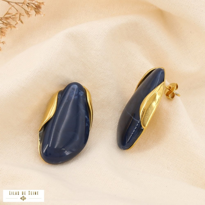 Boucles d’oreilles acier résine marbré contemporain 0325531 bleu foncé