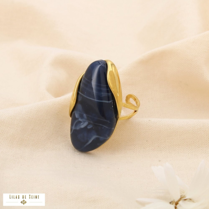 Bague ajustable acier résine marbré effet pierre 0425514 bleu foncé