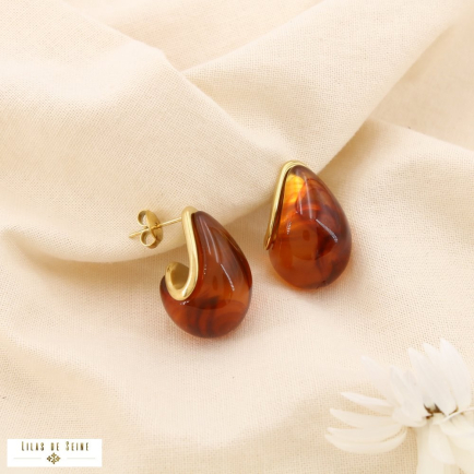 Boucles d’oreilles acier résine marbré goutte 0325535 marron