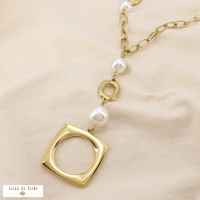 Collier sautoir acier maillon perle acrylique 0125510 blanc