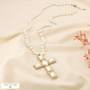 Collier sautoir croix acier perle acrylique 0125511 blanc