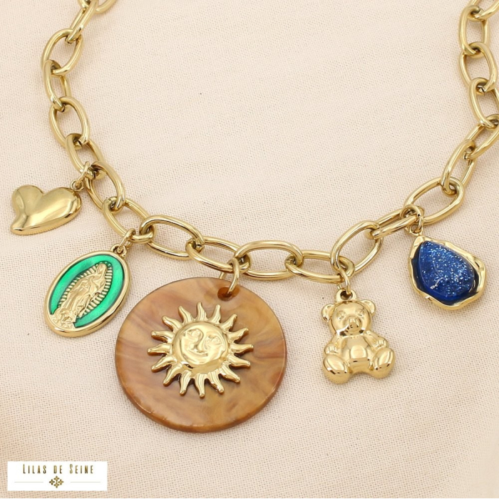 Collier acier charms soleil cœur médaillon nounours 0125509 multi