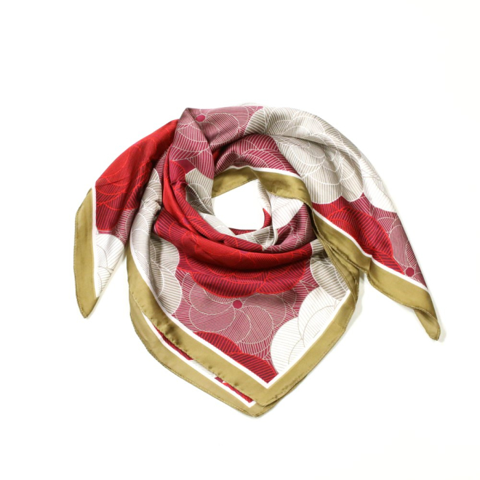 Carré satin imprimé fleurs géométriques polyester 0725513 rouge bordeaux
