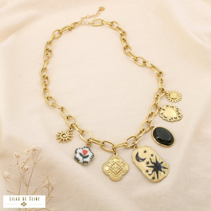Collier breloques acier inoxydable émail résine 0125518 vert