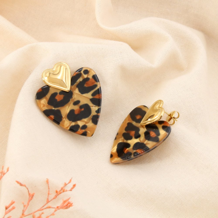 Boucles d'oreilles acier inox coeur écaille de tortue résine 0325066 léopard