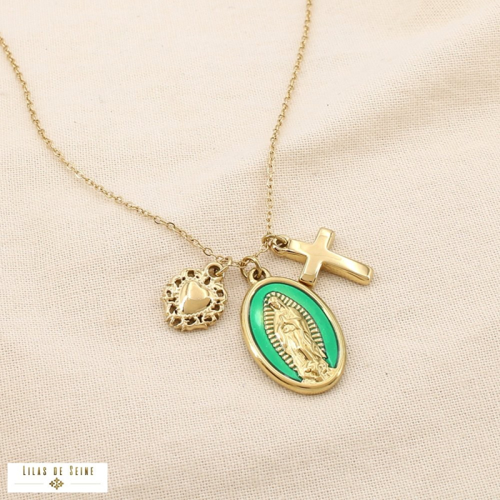 Collier acier breloques croix cœur ex-voto Vierge 0125516 vert