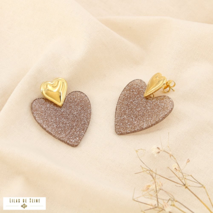 Boucles d’oreilles acier inox. cœur résine pailletée 0325566 taupe