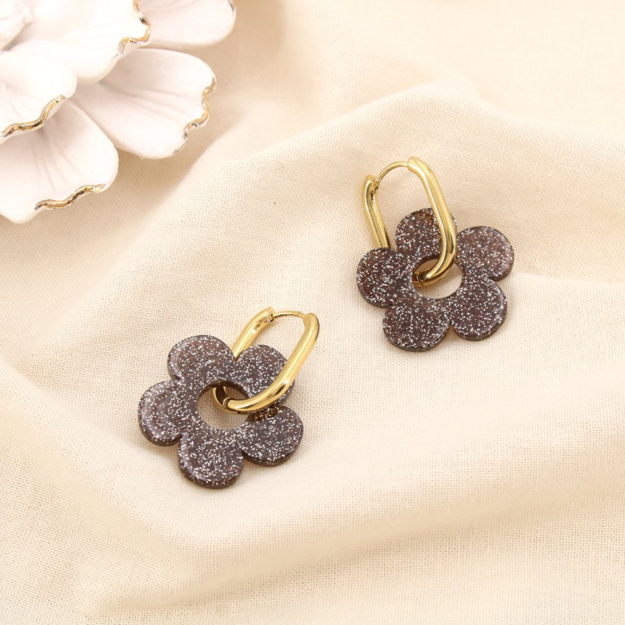 Boucles d’oreilles acier inox fleur résine pailletée 0325567 bronze