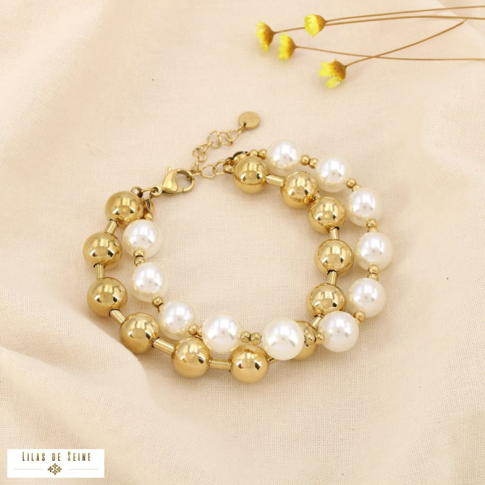 Bracelet double rang perles acier inox acrylique 0225505 doré