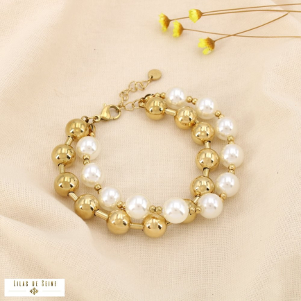 Bracelet double rang perles acier inox acrylique 0225505 doré