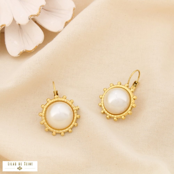 Boucles d’oreilles baroque rond acier inox acrylique 0325522 blanc