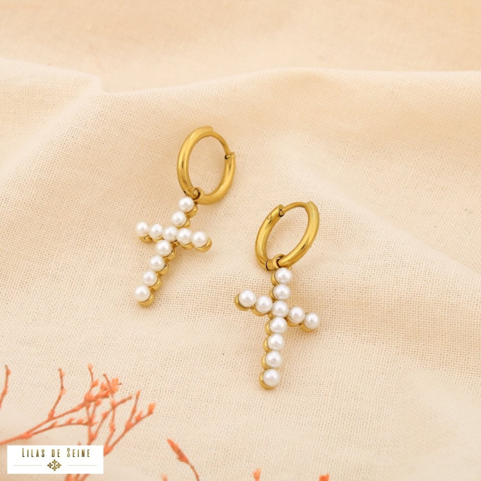 Boucles d’oreilles croix acier inox perle acrylique 0325523 blanc