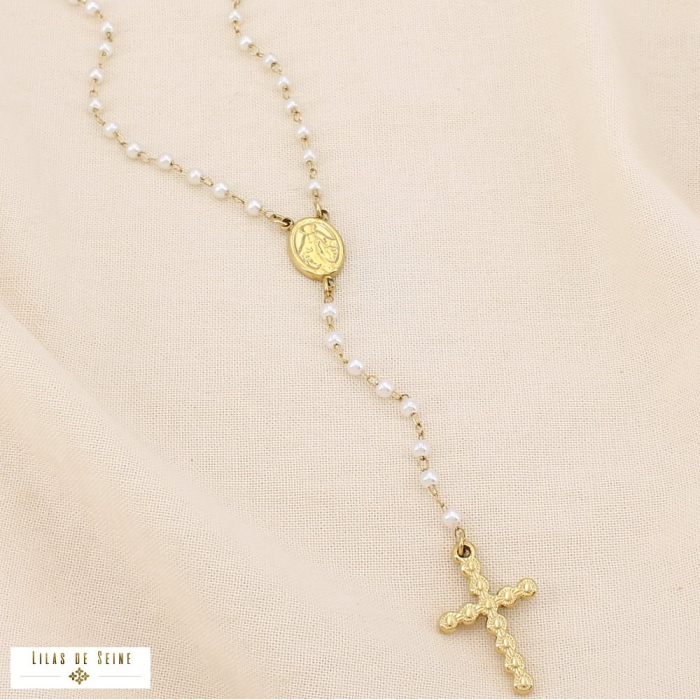 Collier acier croix Vierge Marie acrylique/cristal 0125525 blanc