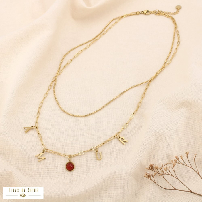 Collier double-rangs AMOUR acier pastille verre 0125517 rouge bordeaux