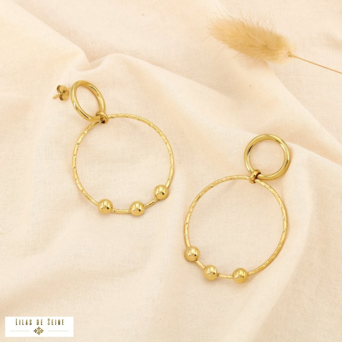 Boucles d’oreilles acier anneau martelé boule lisse 0325546 doré