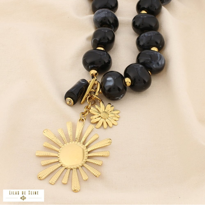 Collier acier résine marbré soleil marguerite 0125534 noir