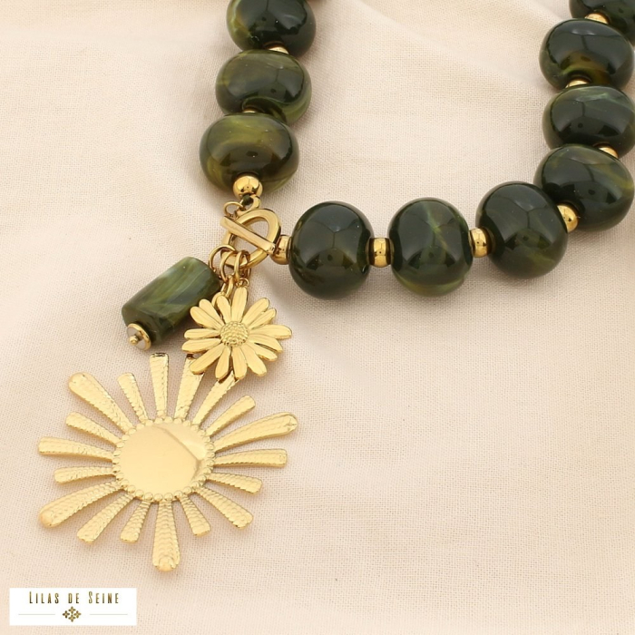 Collier acier résine marbré soleil marguerite 0125534 vert kaki
